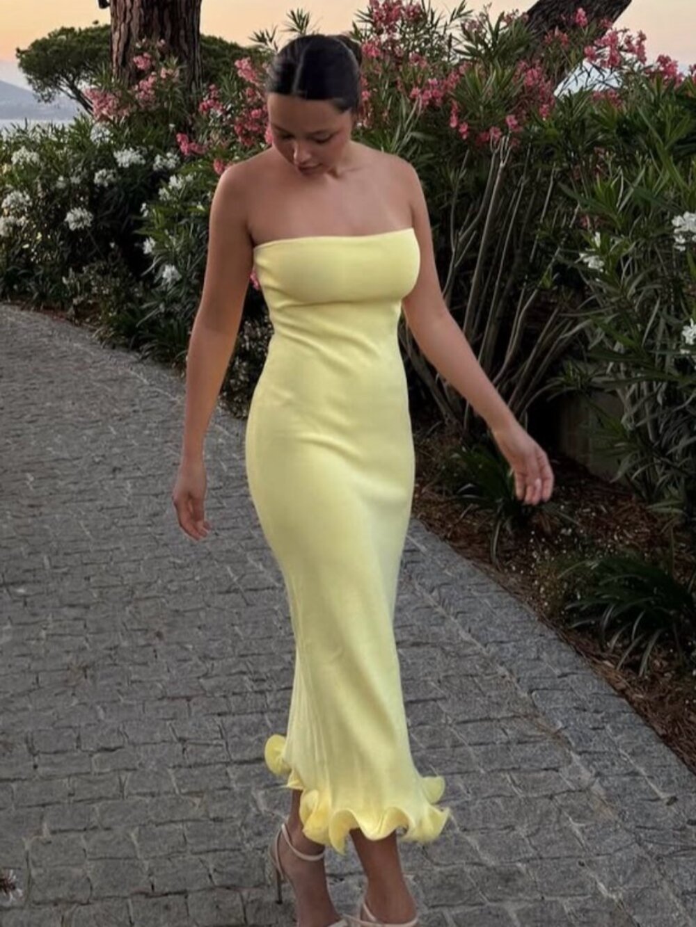 Same Los Angeles Strapless Yellow Ruffle Dress